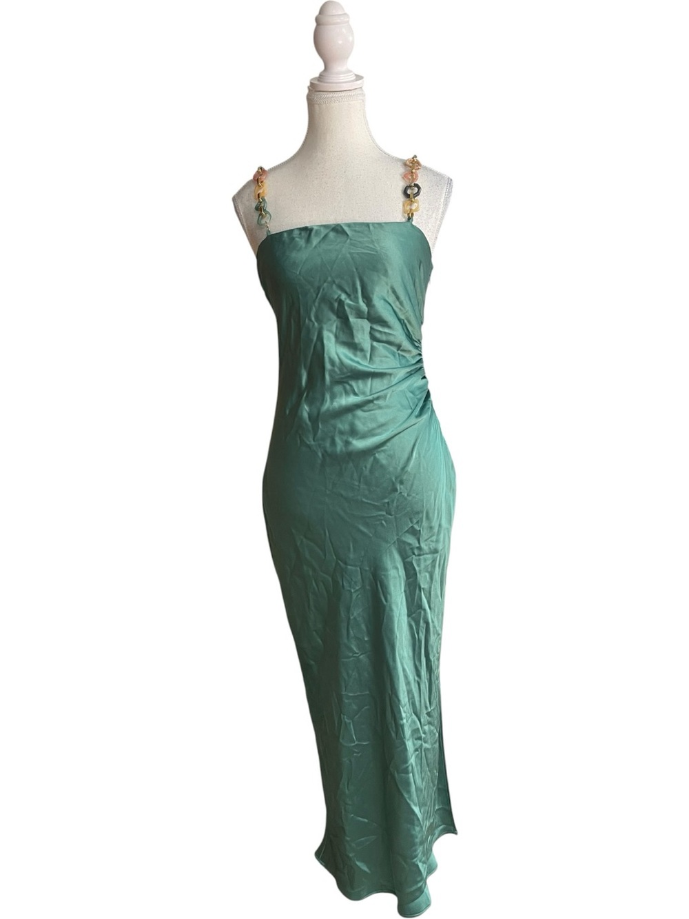 Zara Satin Effect Chain Strap Midi Slip Dress Sea Green